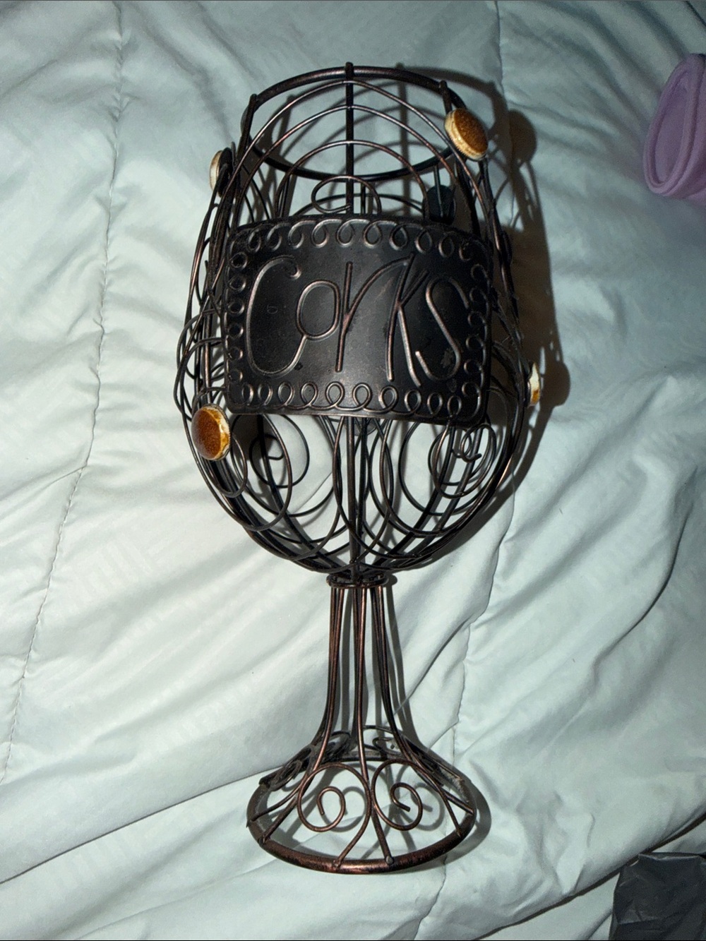 Decorative Art Cork Cage Holder Wine Glass Shaped Bronze 12"